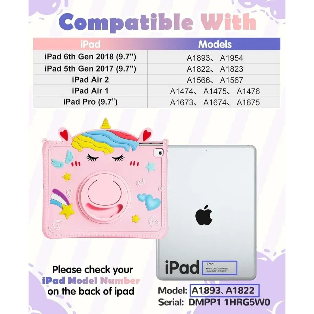Girl Kid Unicorn Silicone Flat Case W Pen Holder For iPad 6th/5th Gen/Air 2